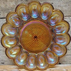 Vintage Indiana Glass Hobnail Carnival Amber Deviled Egg Plate